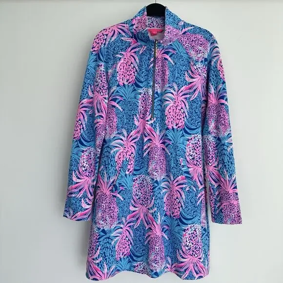 Lilly Pulitzer Skipper Popover Dress Large Blue Pink Pineapple Tropical Resort - Picture 1 of 12